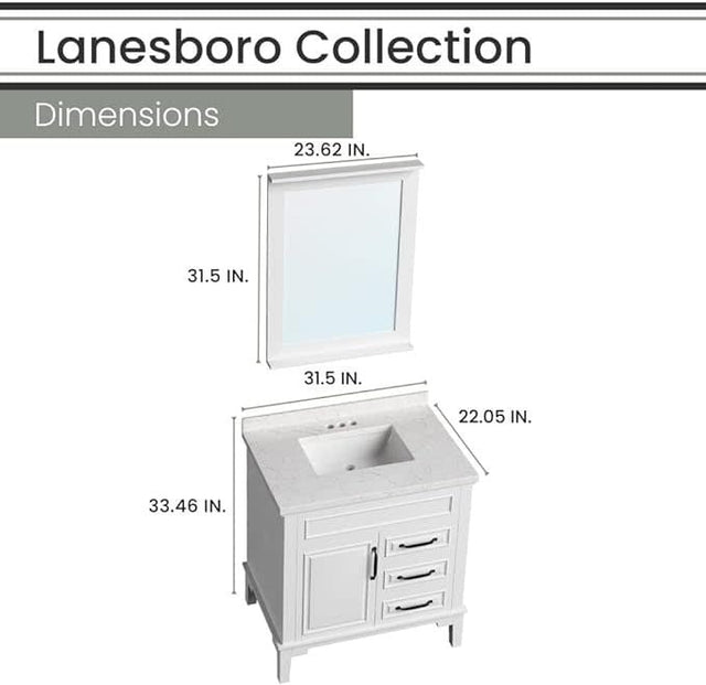 Hanover Lanesboro 31'' Vanity Cabinet with Sink Combo for Bathroom, Powder Room | Pre-Assembled Cabinet| Accent Mirror | Artificial Stone Countertop, White Cabinet | HANVN0105-31-0WH