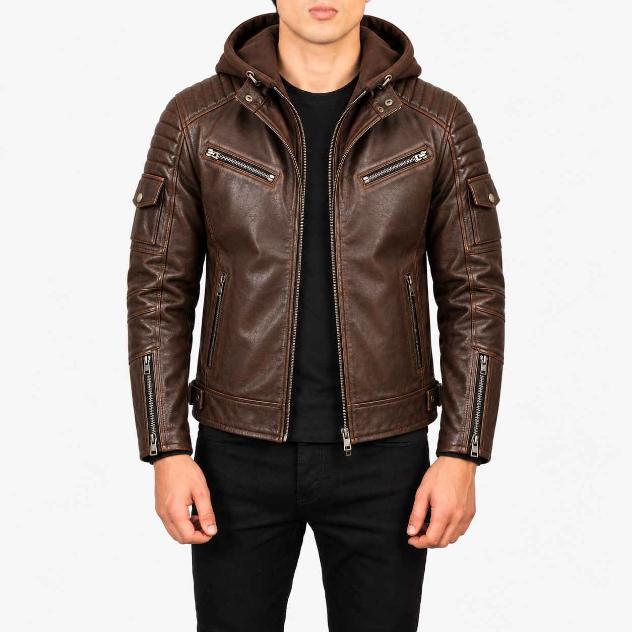 Veyron Brown Hooded Leather Biker Jacket