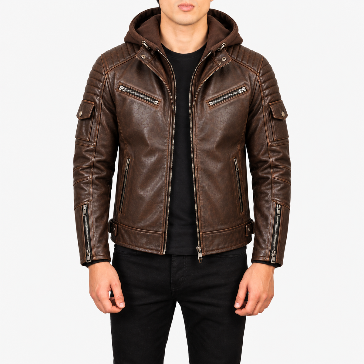 Veyron Brown Hooded Leather Biker Jacket