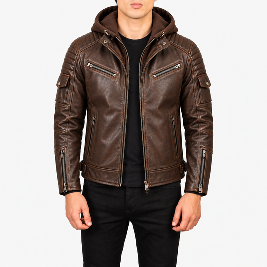 Veyron Brown Hooded Leather Biker Jacket