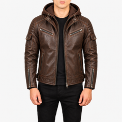 Veyron Brown Hooded Leather Biker Jacket