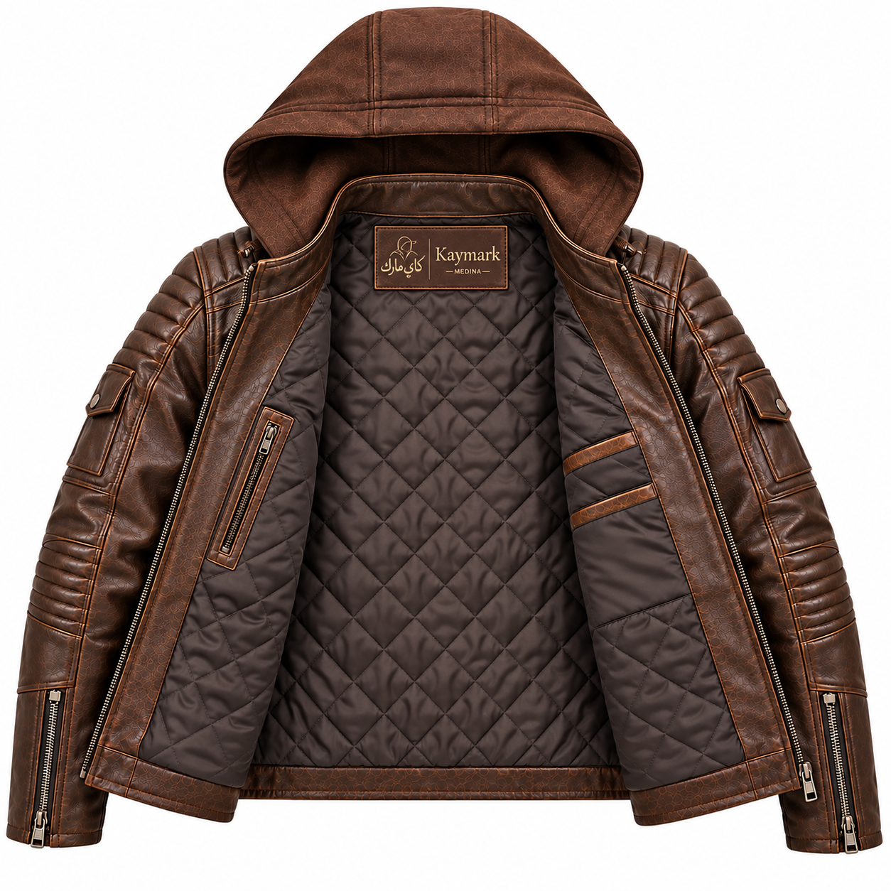 Veyron Brown Hooded Leather Biker Jacket