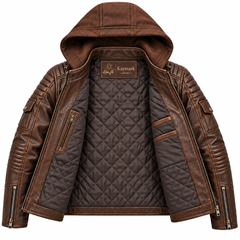 Veyron Brown Hooded Leather Biker Jacket